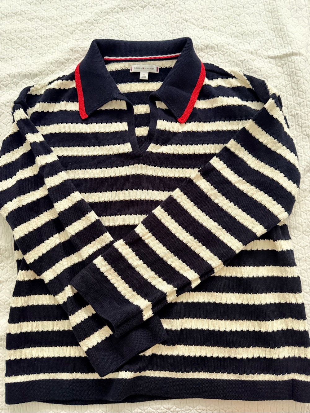 Tommy Striped Navy and White Polo Sweater with Red-Trim Collar Size M - Picture 4 of 10